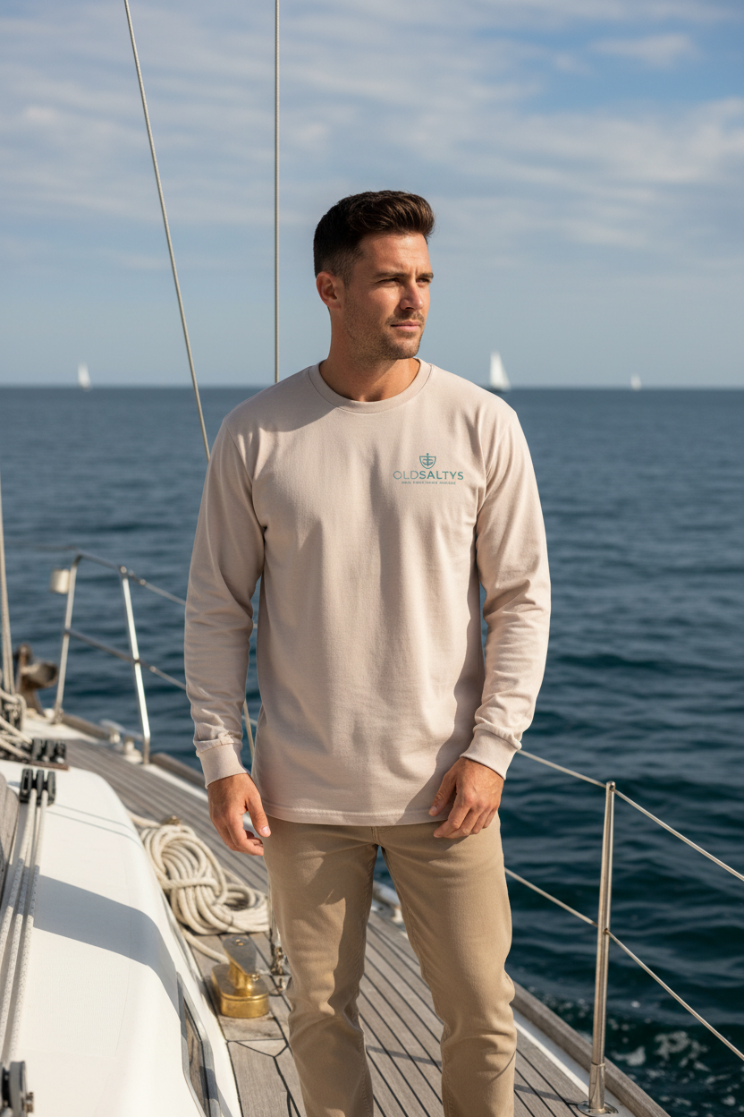 Long-sleeved Deck Tee lifestyle shot on boat deck