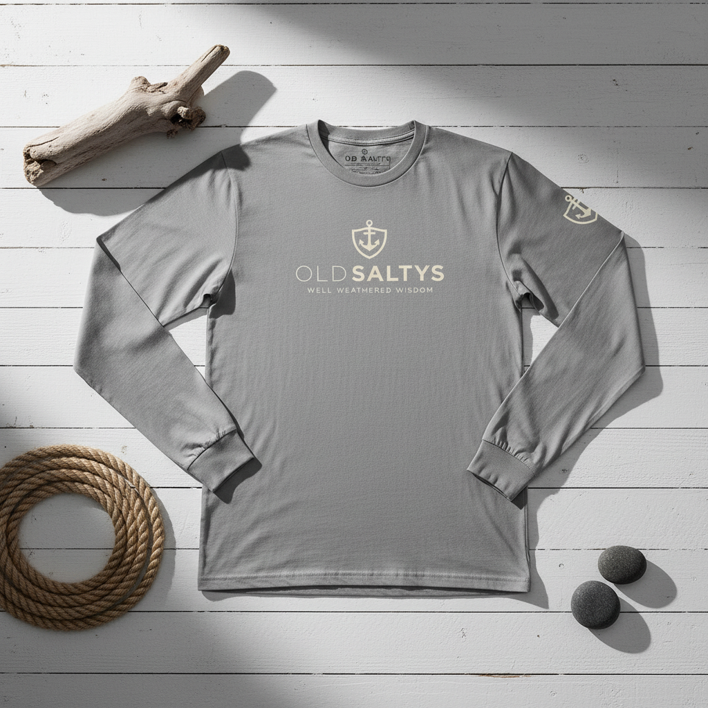 Old Saltys — Storm Cloud — Clean Flat Lay with Actual Tee